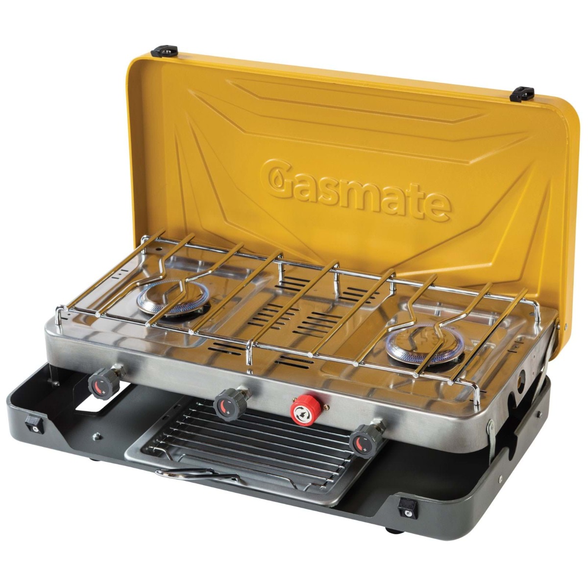 gasmate 2 BURNER STOVE WITH GRILL open