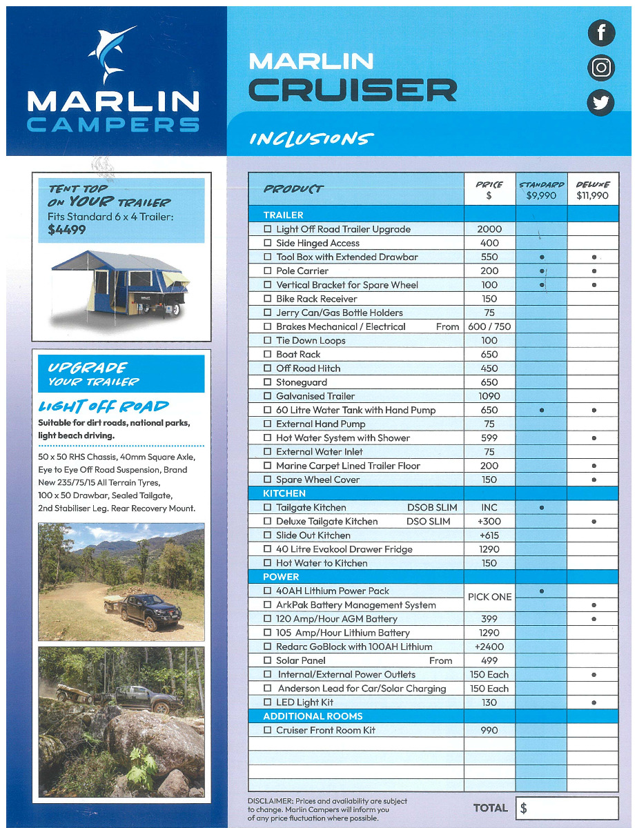 Marlin Campers Cruiser Range Specifications